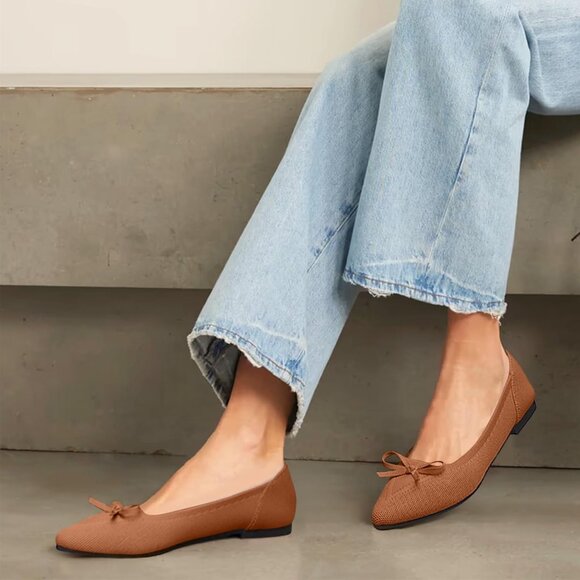 Women's Brown Pointed Toe Bow Knit Ballet Comfortable Dressy Mesh Slip On Flat - Picture 4 of 6